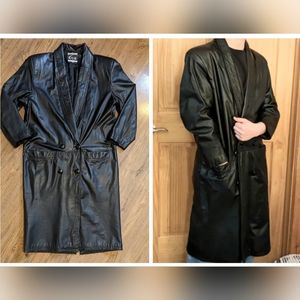 Vintage Long Black Genuine Leather Trench Coat, Straight, Coat, Unisex,…